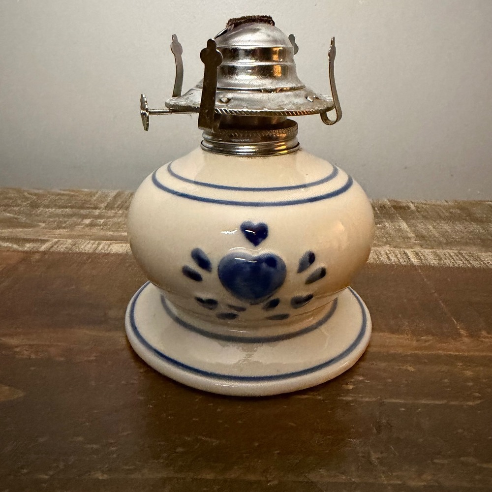 Vintage Lamplight Farms Oil Lamp Base Blue Heart Ceramic Farmhouse Cottagecore